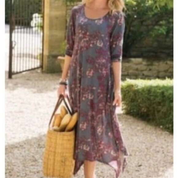Soft Surroundings NWT Women's Size M Gray Purple Printed Scoop Neck Midi Dress - Picture 1 of 13